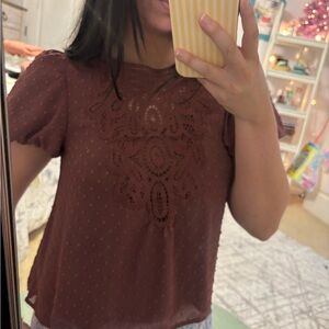 Elegant Brown Lace Detail Women's Top